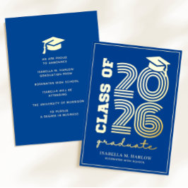 Invitación Con Relieve Metalizado Elegant Blue Gold Graduation YY Announcement