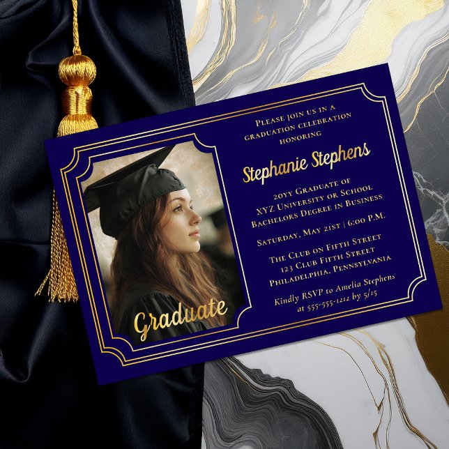 Invitación Con Relieve Metalizado Elegant Blue & Gold Photo Graduation Party  (Elegant Blue and Gold Foil Graduation Party Invitation with Photo and Scalloped Frame)