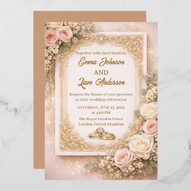 Invitación Con Relieve Metalizado Elegant Blush Floral Wedding Invitation (Anverso/Reverso)