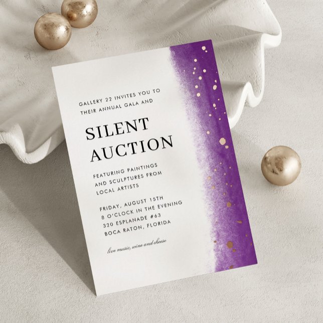 Invitación Con Relieve Metalizado Elegant Brush Stroke Gala & Silent Auction Purple (purple elegant gala night and silent auction invitation)