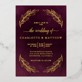 Invitación Con Relieve Metalizado Elegant Burgundy and Gold Botanical Wedding