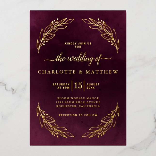 Invitación Con Relieve Metalizado Elegant Burgundy and Gold Botanical Wedding (Anverso)