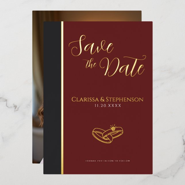 Invitación Con Relieve Metalizado Elegant Burgundy Anthracite Photo Save The Date (Anverso/Reverso)