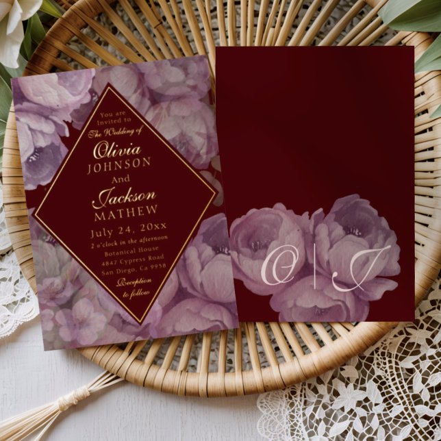 Invitación Con Relieve Metalizado Elegant Burgundy Floral Wedding Invitation  (Subido por el creador)