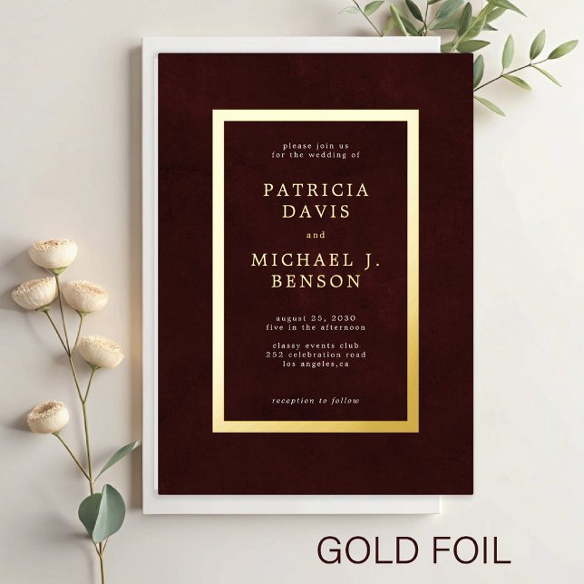 Invitación Con Relieve Metalizado Elegant burgundy gold foil typography wedding (Subido por el creador)