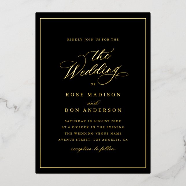Invitación Con Relieve Metalizado Elegant calligraphy black and gold wedding (Anverso)
