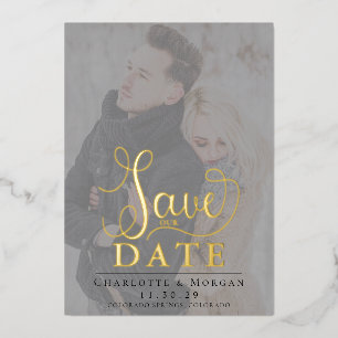 Invitación Con Relieve Metalizado Elegant Calligraphy Dos Foto Save the Date Foil