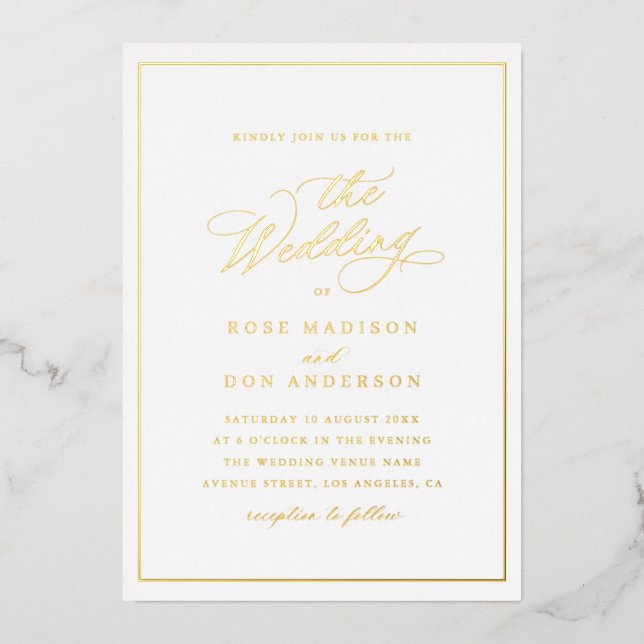 Invitación Con Relieve Metalizado Elegant calligraphy gold and white wedding (Anverso)