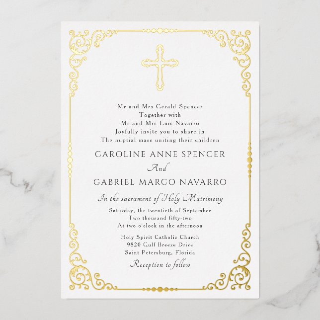 Invitación Con Relieve Metalizado Elegant Catholic Mass Wedding (Anverso)