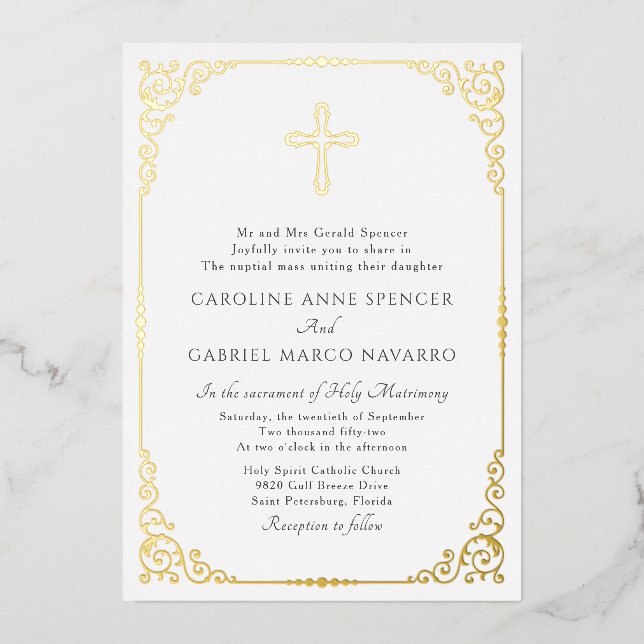 Invitación Con Relieve Metalizado Elegant Catholic Mass Wedding (Anverso)