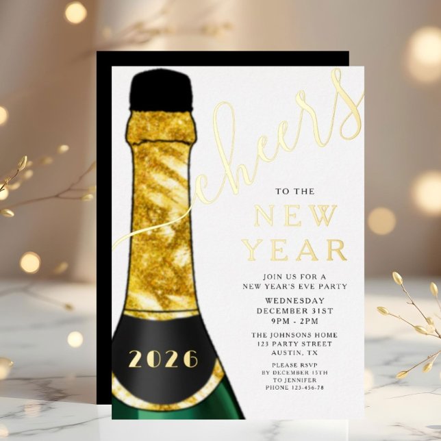 Invitación Con Relieve Metalizado Elegant Champagne New Year's Eve Party (Elegant Champagne New Year's Eve Party Foil Invitation)