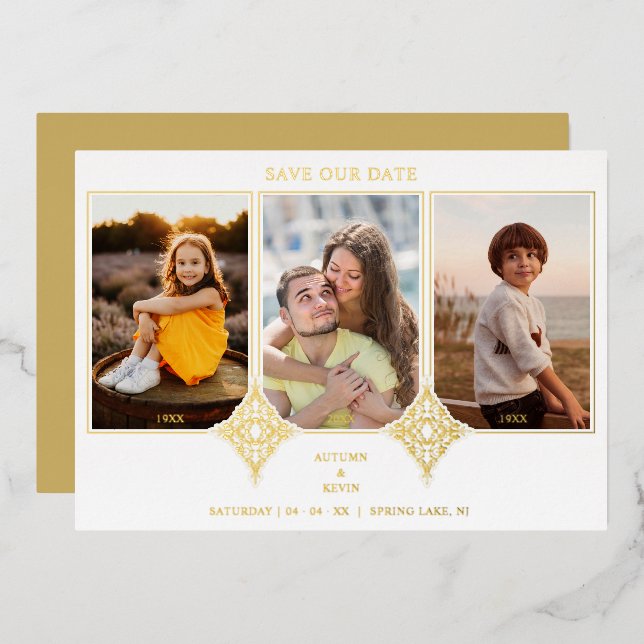 Invitación Con Relieve Metalizado Elegant Collage Lace Romantic 3 Photos Couple (Anverso/Reverso)