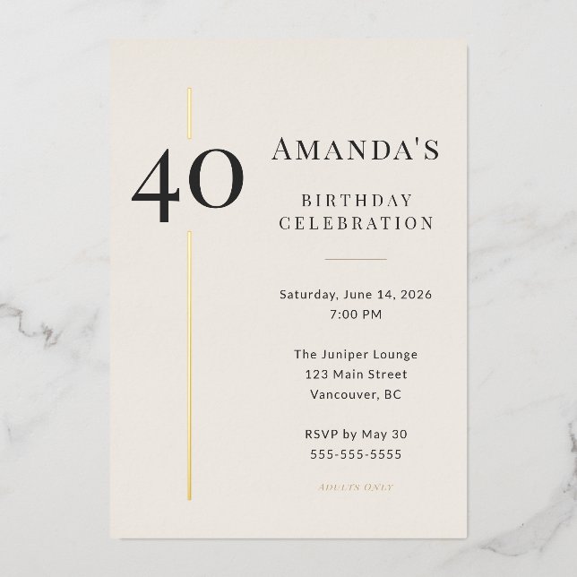 Invitación Con Relieve Metalizado Elegant Cream & Gold 40th Birthday Celebration (Anverso)