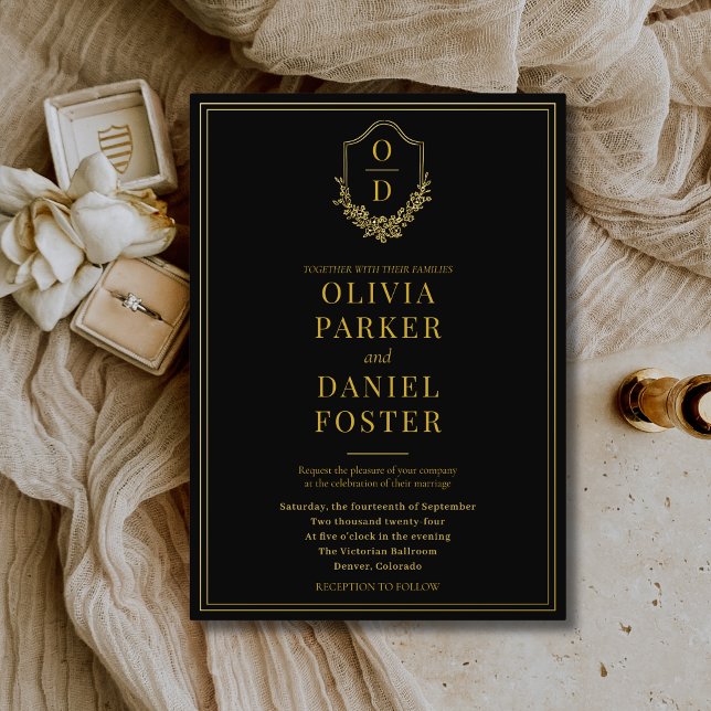 Invitación Con Relieve Metalizado Elegant Crest Black Gold Minimalist Wedding (Subido por el creador)