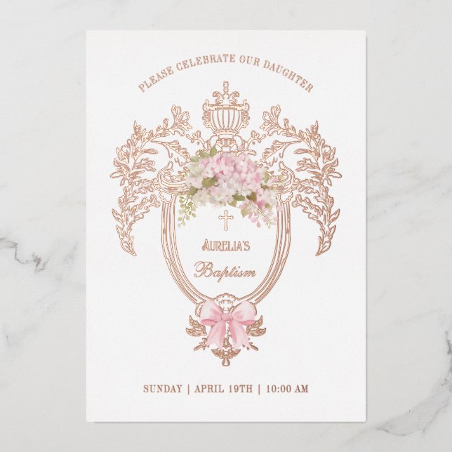 Invitación Con Relieve Metalizado Elegant Crest Pink Bow Baptism Rose Gold (Anverso)