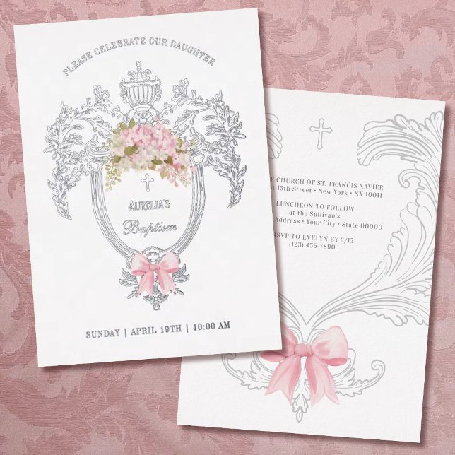 Invitación Con Relieve Metalizado Elegant Crest Pink Bow Baptism Silver (Subido por el creador)
