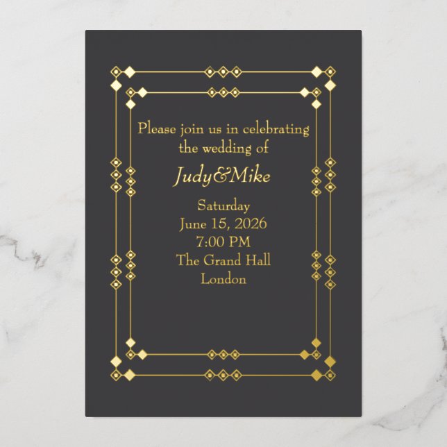 Invitación Con Relieve Metalizado Elegant Dark Grey& Gold Art Deco Foil Invitation (Anverso)