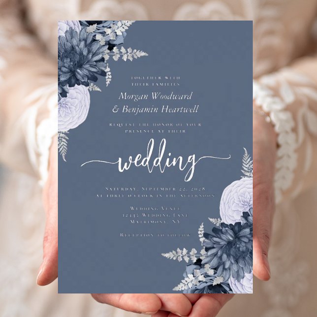 Invitación Con Relieve Metalizado Elegant Dusty Blue Silver Floral Wedding (Subido por el creador)