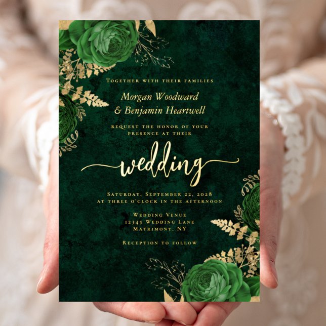 Invitación Con Relieve Metalizado Elegant Emerald Green Gold Floral Wedding (Subido por el creador)