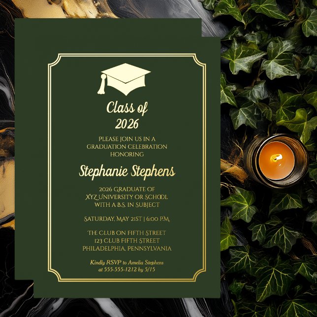 Invitación Con Relieve Metalizado Elegant Emerald Green Gold Foil Graduation Party I (Elegant Green University Graduation Party Gold Foil Invitation)
