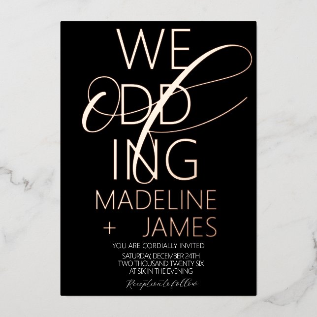 Invitación Con Relieve Metalizado ELEGANT Escritura Boda Oro Rosa  (Anverso)
