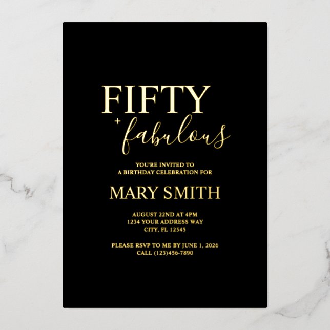 Invitación Con Relieve Metalizado Elegant Fifty and Fabulous 50th Birthday Party (Anverso)