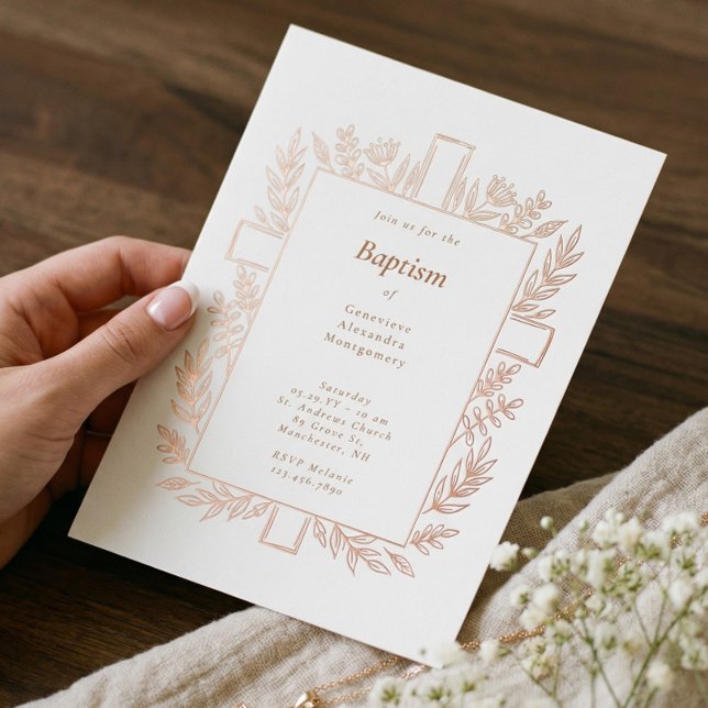 Invitación Con Relieve Metalizado Elegant Floral Cross Baptism Religious Baby Photo (Elegant Floral Cross Baptism Religious Baby Photo Foil Invitation)