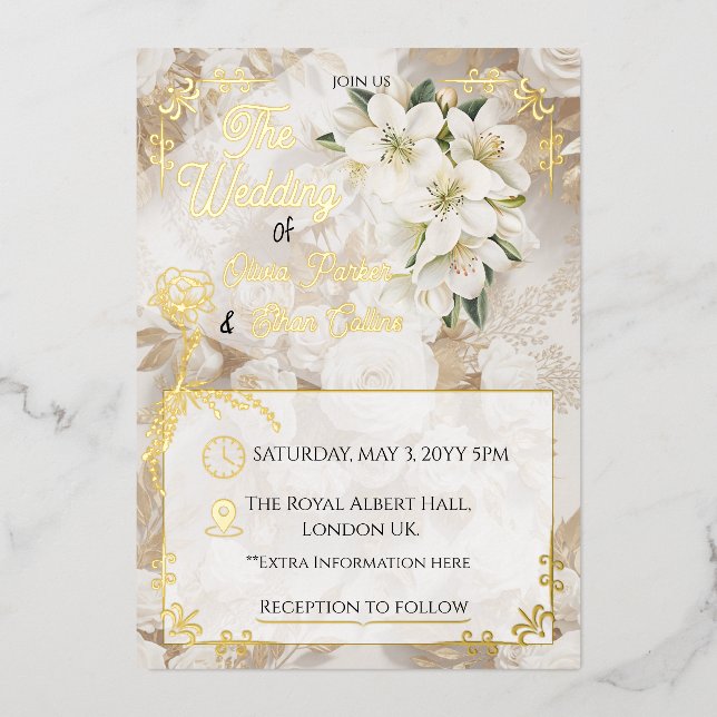 Invitación Con Relieve Metalizado Elegant Floral Foil Invitation (Anverso)