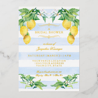 Invitación Con Relieve Metalizado Elegant Floral Lemon Blue Gold Foil Bridal Shower