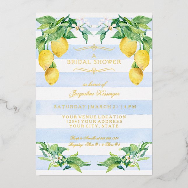 Invitación Con Relieve Metalizado Elegant Floral Lemon Blue Gold Foil Bridal Shower (Anverso)