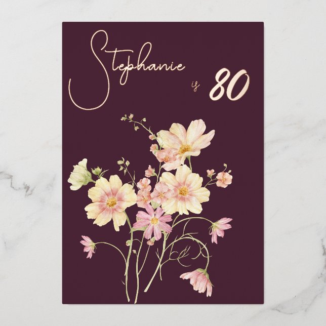 Invitación Con Relieve Metalizado Elegant Floral Plum Blush 80th Birthday Rose Gold  (Anverso)