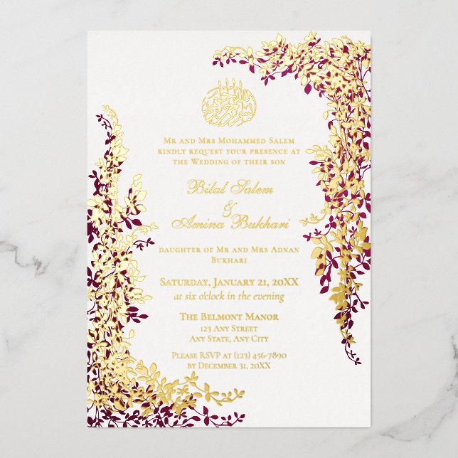 Invitación Con Relieve Metalizado Elegant Foil and Dark Plum Leaf  Islamic Wedding (Anverso)