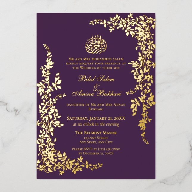Invitación Con Relieve Metalizado Elegant Foil Leaf Islamic Wedding Foil Invitation (Anverso)