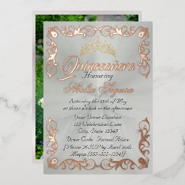 Invitación Con Relieve Metalizado Elegant Frame & Photo on Pastel Green Quinceanera 