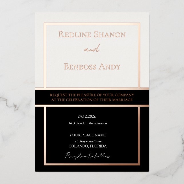 Invitación Con Relieve Metalizado Elegant Framed Ivory & Black Design Gold Rose (Anverso)
