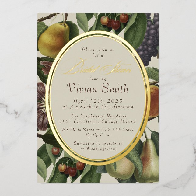 Invitación Con Relieve Metalizado Elegant Fruit & Botanical Bridal Shower Invitation (Anverso)