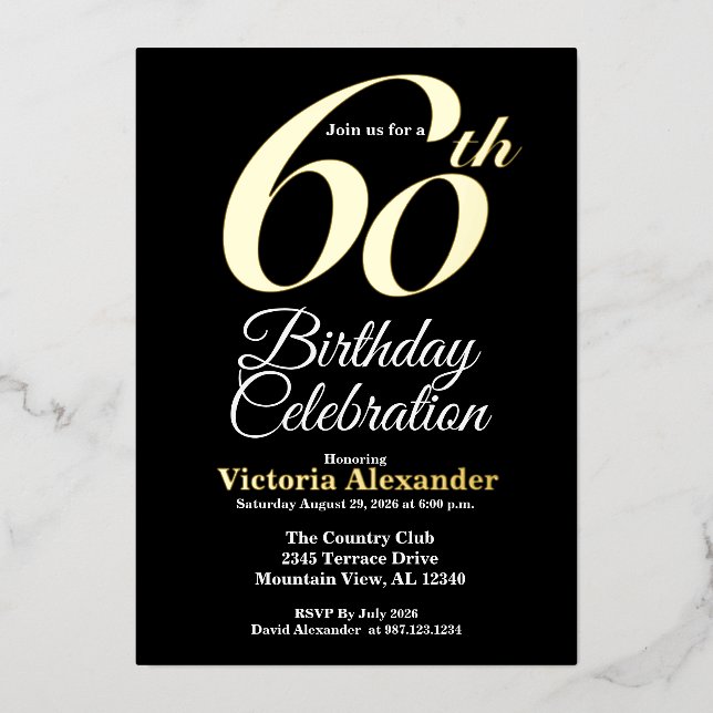 Invitación Con Relieve Metalizado Elegant Gold and Black 60th Birthday (Anverso)