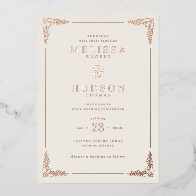 Invitación Con Relieve Metalizado Elegant Gold Floral Calligraphy (Anverso)