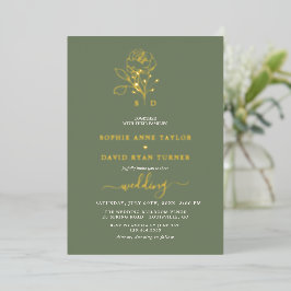 Invitación Con Relieve Metalizado Elegant Gold Floral Sage Green Monogram Wedding