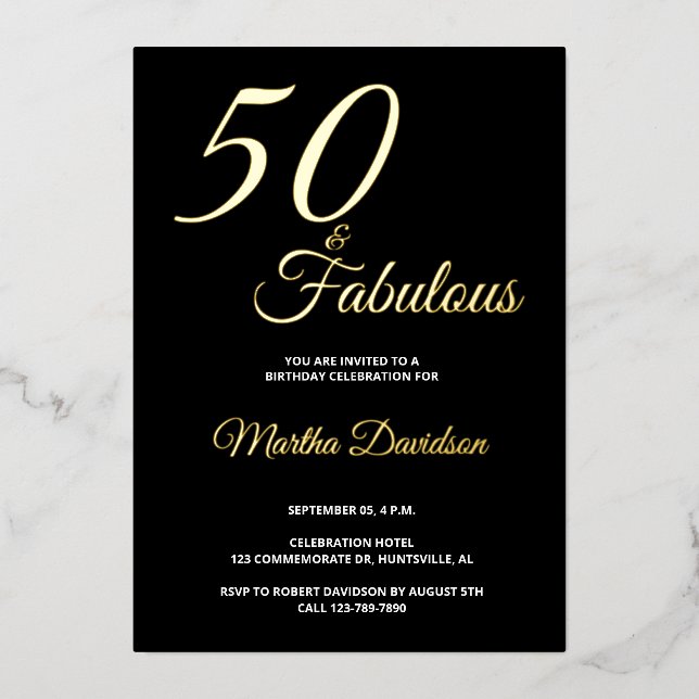 Invitación Con Relieve Metalizado Elegant Gold Foil Fifty and Fabulous 50th Birthday (Anverso)
