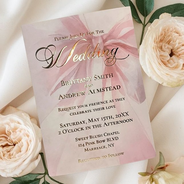 Invitación Con Relieve Metalizado Elegant Gold Foil Pink Ribbon Wedding (Elegant Watercolor Blush Pink Bow Photo Wedding Foil Invitation)