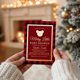 Invitación Con Relieve Metalizado Elegant Gold Red Plaid Merry Little Baby Shower