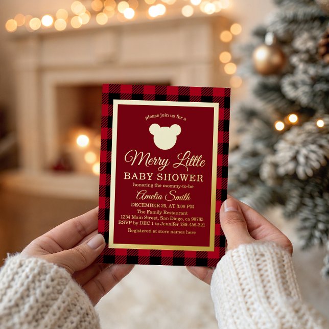 Invitación Con Relieve Metalizado Elegant Gold Red Plaid Merry Little Baby Shower (Subido por el creador)