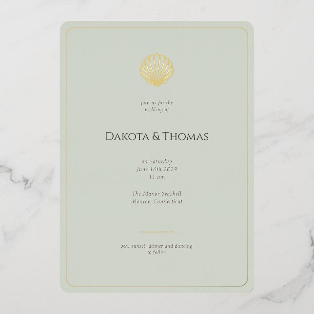 Invitación Con Relieve Metalizado Elegant Gold Seashell Sage Wedding invitation (Anverso)