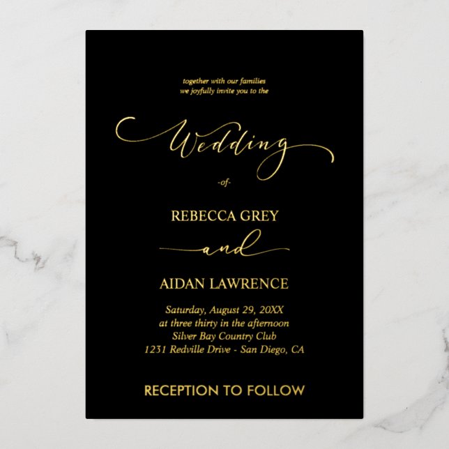 Invitación Con Relieve Metalizado Elegant Gold  Wedding  Custom (Anverso)