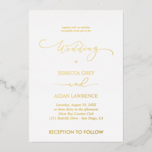 Invitación Con Relieve Metalizado Elegant Gold  Wedding  Custom (Anverso)