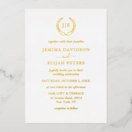 Invitación Con Relieve Metalizado Elegant Gold Wreath Monogram Wedding