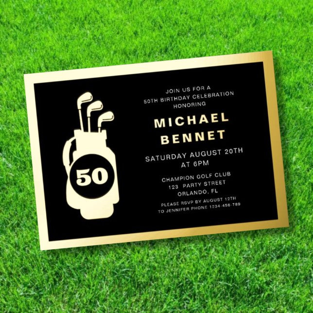 Invitación Con Relieve Metalizado Elegant Golf 50th Birthday (Elegant Golf 50th Birthday Foil Invitation)