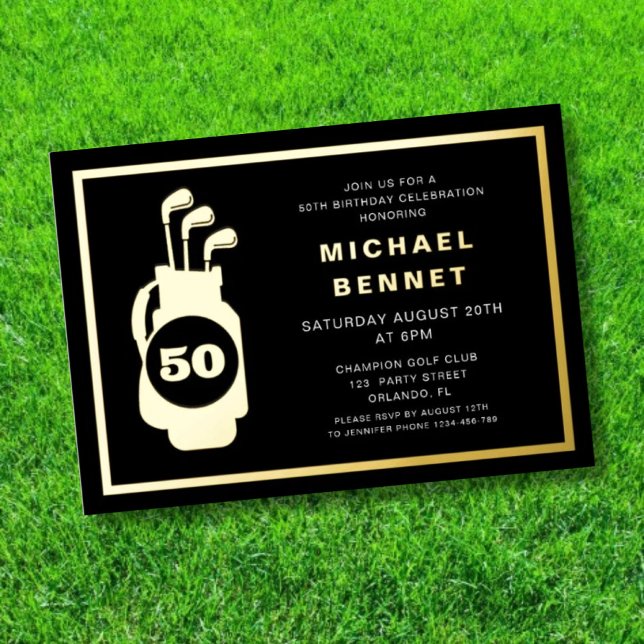 Invitación Con Relieve Metalizado Elegant Golf 50th Birthday (Elegant Golf 50th Birthday Foil Invitation)