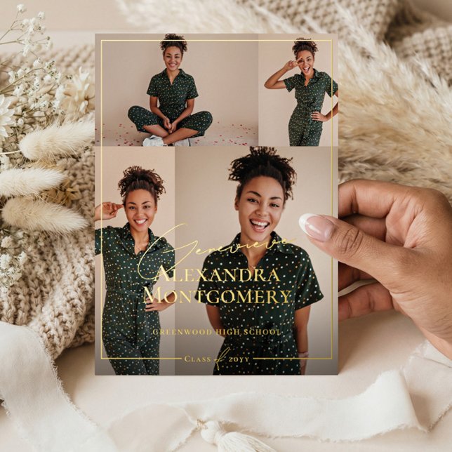 Invitación Con Relieve Metalizado Elegant Grad Photo Collage Graduation Announcement (Elegant Grad Photo Collage Graduation Announcement)
